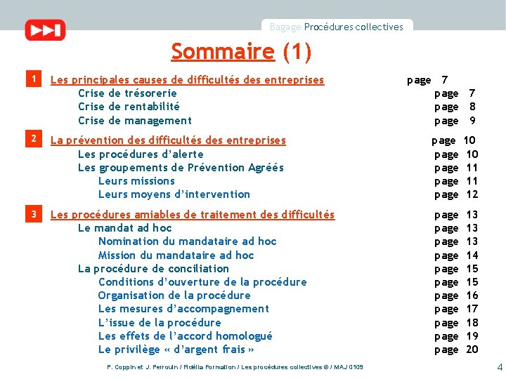 Bagage Procédures collectives Sommaire (1) 1 Les principales causes de difficultés des entreprises Crise