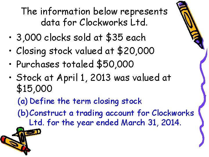 The information below represents data for Clockworks Ltd. • • 3, 000 clocks sold