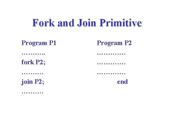 Fork and Join Primitive Program P 1 ………. . fork P 2; ………. join