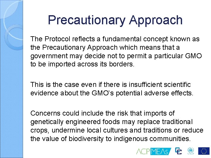 Precautionary Approach The Protocol reflects a fundamental concept known as the Precautionary Approach which