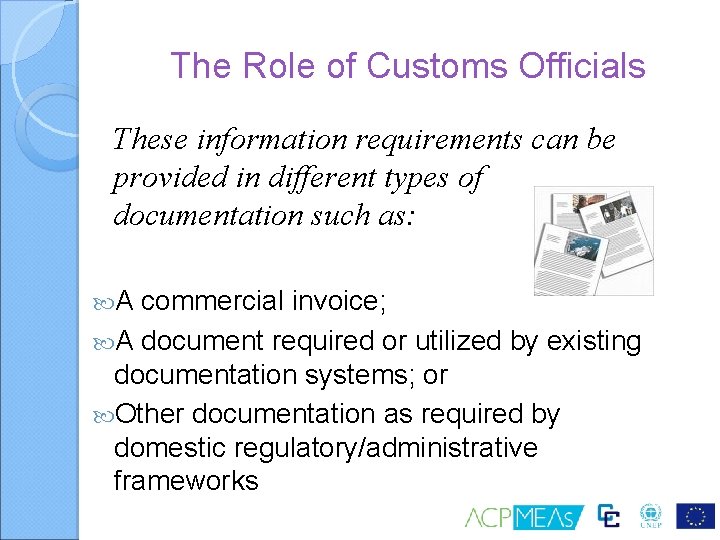 The Role of Customs Officials These information requirements can be provided in different types