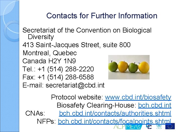 Contacts for Further Information Secretariat of the Convention on Biological Diversity 413 Saint-Jacques Street,