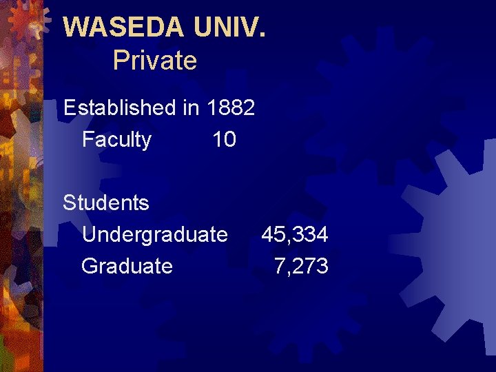 WASEDA UNIV. Private Established in 1882 Faculty 10 Students Undergraduate Graduate 45, 334 7,