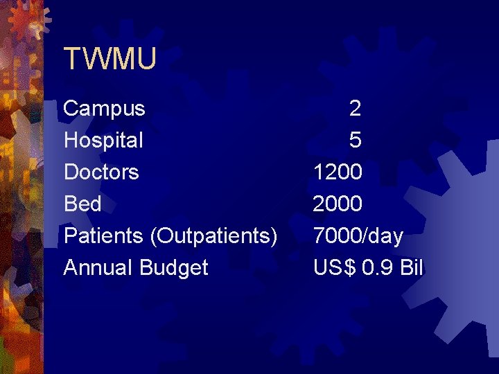 TWMU Campus Hospital Doctors Bed Patients (Outpatients) Annual Budget 2 5 1200 2000 7000/day