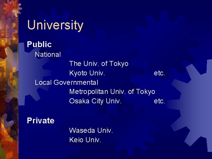 University Public National The Univ. of Tokyo Kyoto Univ. etc. Local Governmental Metropolitan Univ.