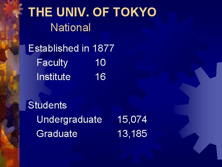 THE UNIV. OF TOKYO National Established in 1877 Faculty 10 Institute 16 Students Undergraduate