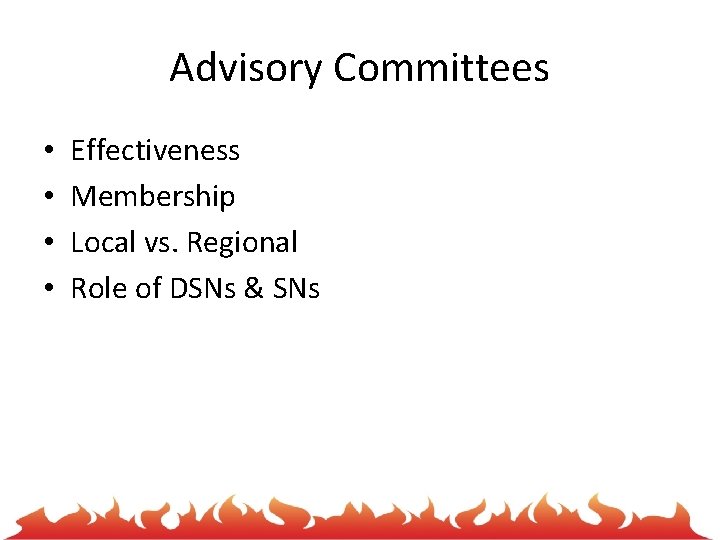 Advisory Committees • • Effectiveness Membership Local vs. Regional Role of DSNs & SNs