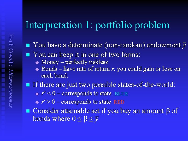 Interpretation 1: portfolio problem Frank Cowell: Microeconomics n n You have a determinate (non-random)
