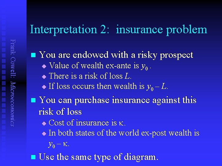 Interpretation 2: insurance problem Frank Cowell: Microeconomics n You are endowed with a risky
