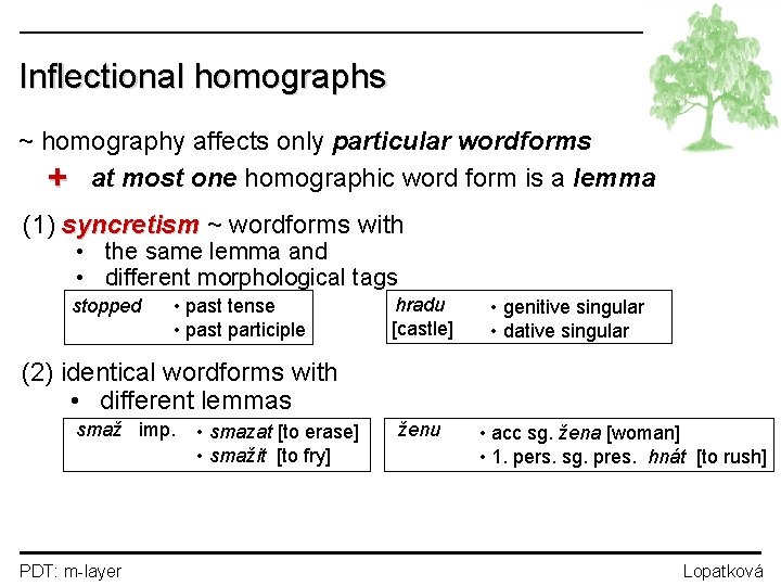 Inflectional homographs ~ homography affects only particular wordforms + at most one homographic word