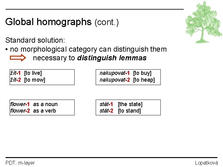 Global homographs (cont. ) Standard solution: • no morphological category can distinguish them necessary