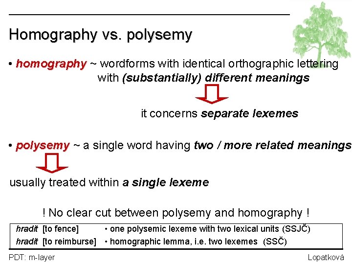 Homography vs. polysemy • homography ~ wordforms with identical orthographic lettering homography with (substantially)