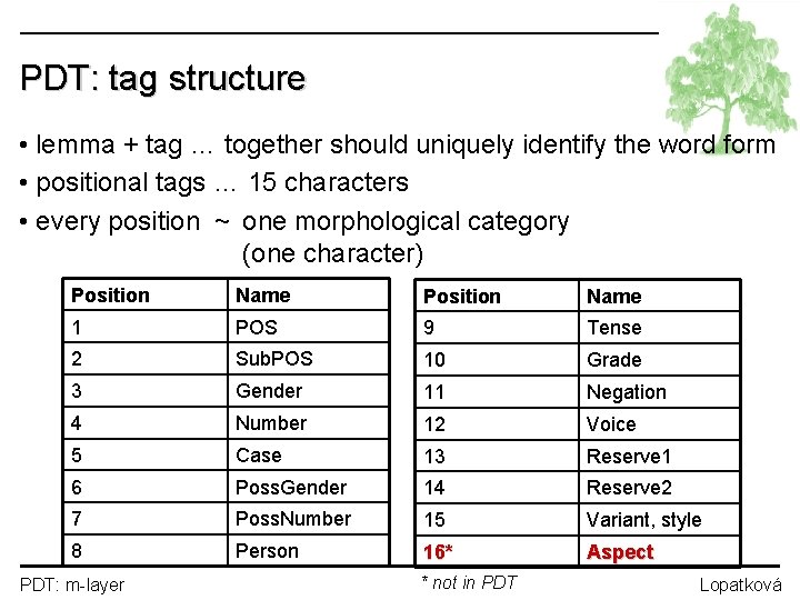 PDT: tag structure • lemma + tag … together should uniquely identify the word