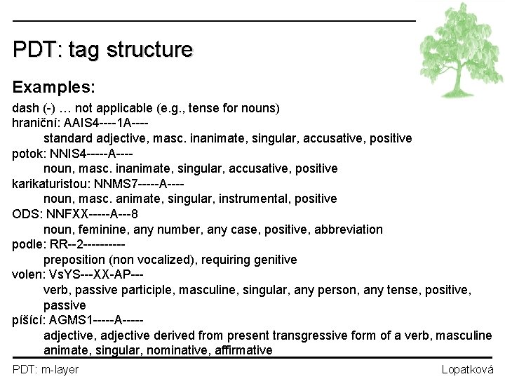 PDT: tag structure Examples: dash (-) … not applicable (e. g. , tense for