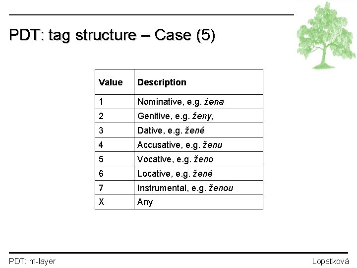 PDT: tag structure – Case (5) PDT: m-layer Value Description 1 Nominative, e. g.