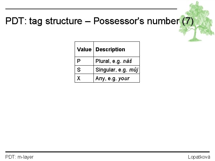 PDT: tag structure – Possessor's number (7) Value Description PDT: m-layer P Plural, e.