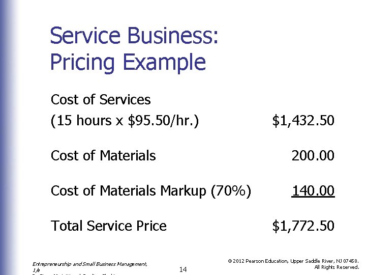 Service Business: Pricing Example Cost of Services (15 hours x $95. 50/hr. ) $1,