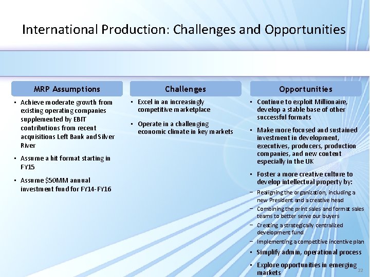 International Production: Challenges and Opportunities MRP Assumptions • Achieve moderate growth from existing operating