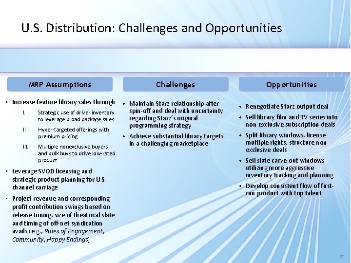 U. S. Distribution: Challenges and Opportunities MRP Assumptions • Increase feature library sales through