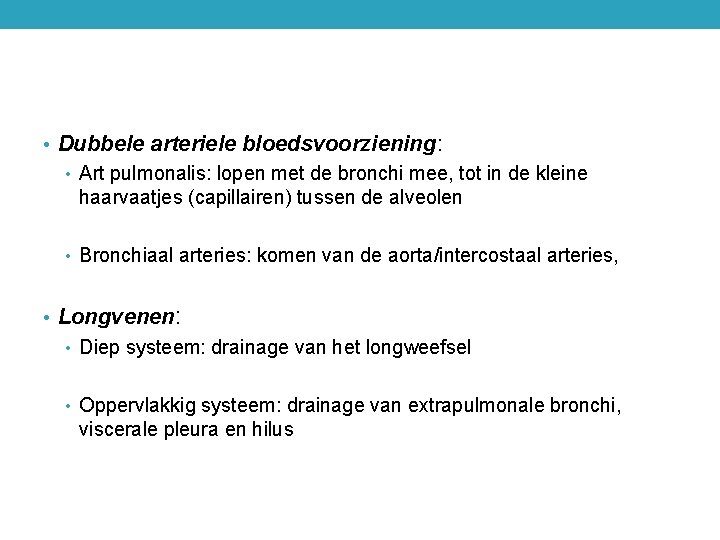  • Dubbele arteriele bloedsvoorziening: • Art pulmonalis: lopen met de bronchi mee, tot