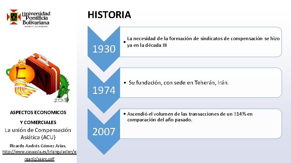 HISTORIA 1930 1974 ASPECTOS ECONOMICOS Y COMERCIALES La unión de Compensación Asiática (ACU) Ricardo