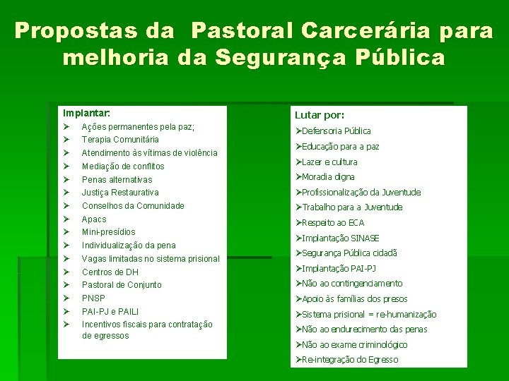 Propostas da Pastoral Carcerária para melhoria da Segurança Pública Implantar: Lutar por: Ø Ø