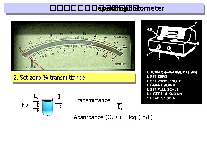 ������� spectrophotometer 2. Set zero % transmittance Io hn I Transmittance = I Io