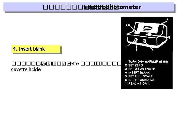 ������� spectrophotometer 4. Insert blank ����� blank ���� cuvette ������� cuvette holder 