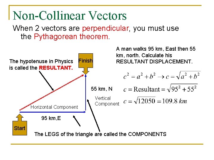 Non-Collinear Vectors When 2 vectors are perpendicular, you must use the Pythagorean theorem. A