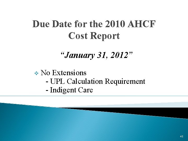 Due Date for the 2010 AHCF Cost Report “January 31, 2012” v No Extensions