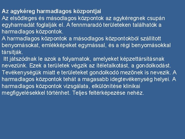 Az agykéreg harmadlagos központjai Az elsődleges és másodlagos központok az agykéregnek csupán egyharmadát foglalják