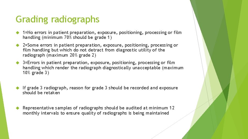 Grading radiographs 1=No errors in patient preparation, exposure, positioning, processing or film handling (minimum