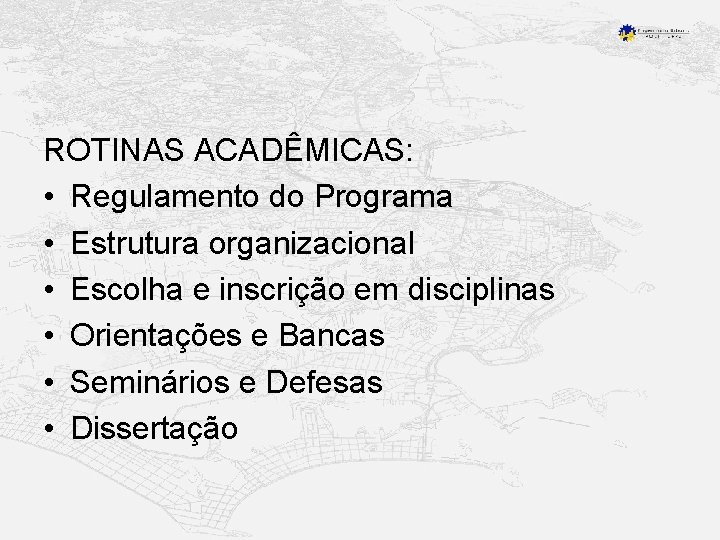 ROTINAS ACADÊMICAS: • Regulamento do Programa • Estrutura organizacional • Escolha e inscrição em