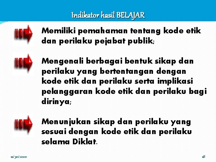 Indikator hasil BELAJAR Memiliki pemahaman tentang kode etik dan perilaku pejabat publik; Mengenali berbagai