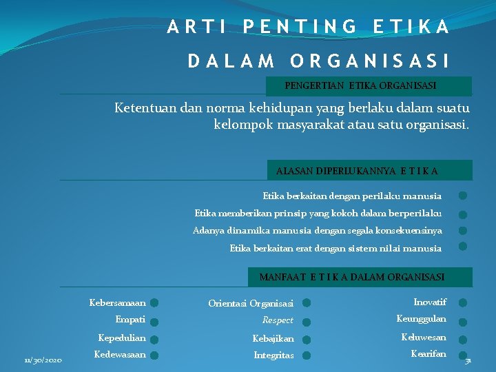 ARTI PENTING ETIKA DALAM ORGANISASI PENGERTIAN ETIKA ORGANISASI Ketentuan dan norma kehidupan yang berlaku