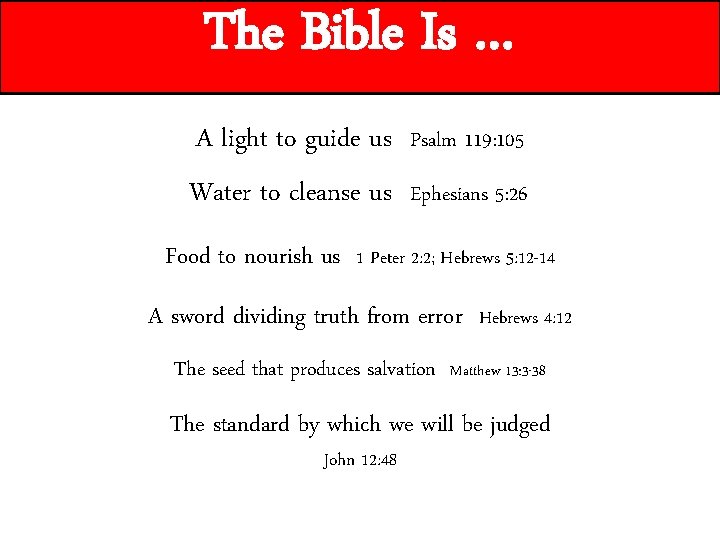 The Bible Is … A light to guide us Psalm 119: 105 Water to