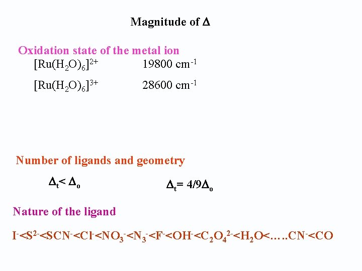 Magnitude of Oxidation state of the metal ion [Ru(H 2 O)6]2+ 19800 cm-1 [Ru(H