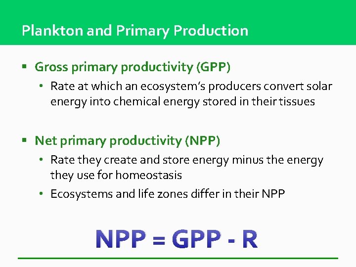 Plankton and Primary Production § Gross primary productivity (GPP) • Rate at which an