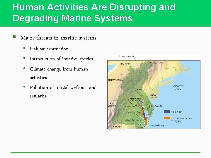 Human Activities Are Disrupting and Degrading Marine Systems § Major threats to marine systems