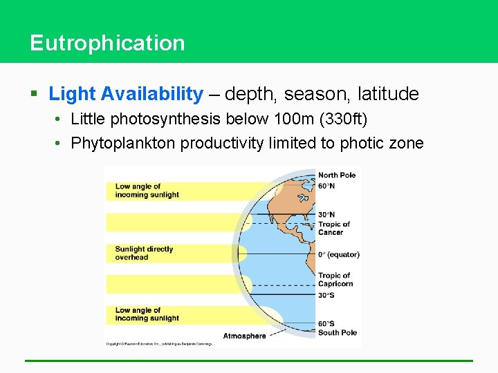 Eutrophication § Light Availability – depth, season, latitude • Little photosynthesis below 100 m