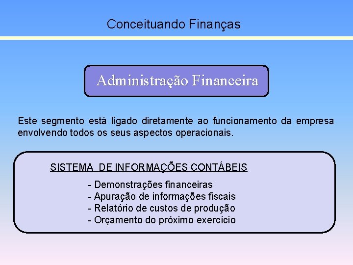 Conceituando Finanças Administração Financeira Este segmento está ligado diretamente ao funcionamento da empresa envolvendo