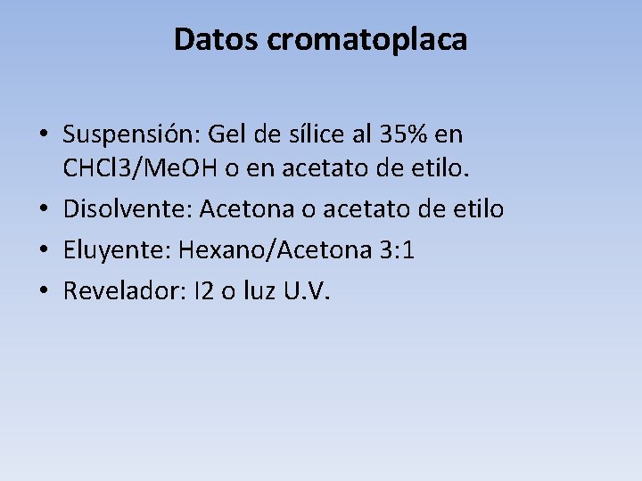 Datos cromatoplaca • Suspensión: Gel de sílice al 35% en CHCl 3/Me. OH o