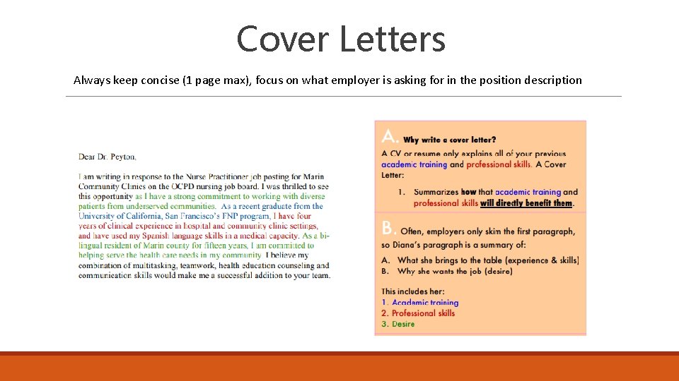 Cover Letters Always keep concise (1 page max), focus on what employer is asking