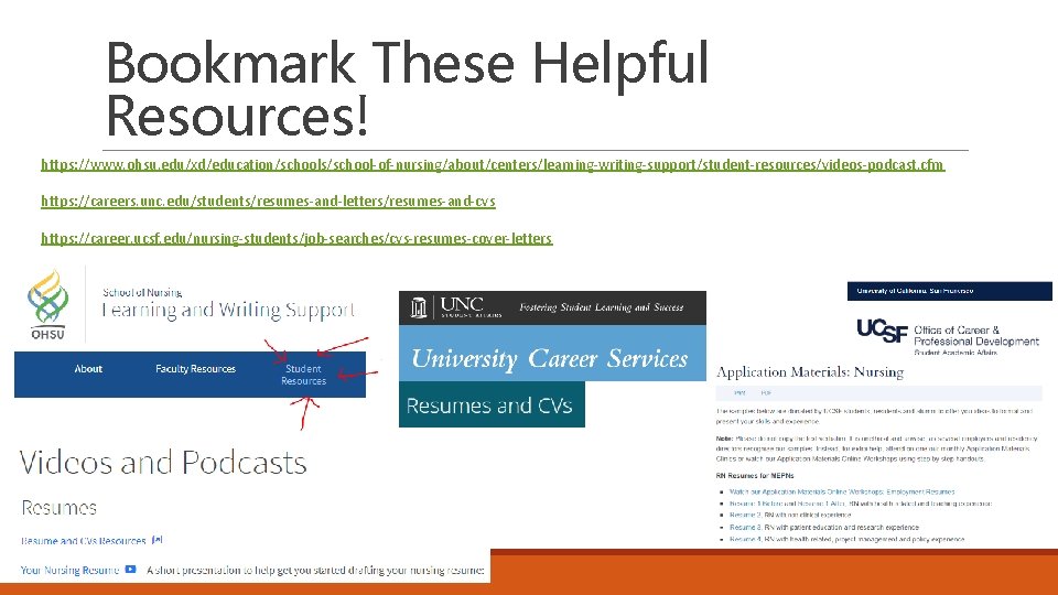 Bookmark These Helpful Resources! https: //www. ohsu. edu/xd/education/schools/school-of-nursing/about/centers/learning-writing-support/student-resources/videos-podcast. cfm https: //careers. unc. edu/students/resumes-and-letters/resumes-and-cvs https: