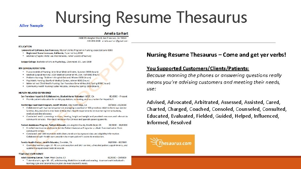 Nursing Resume Thesaurus – Come and get yer verbs! You Supported Customers/Clients/Patients: Because manning