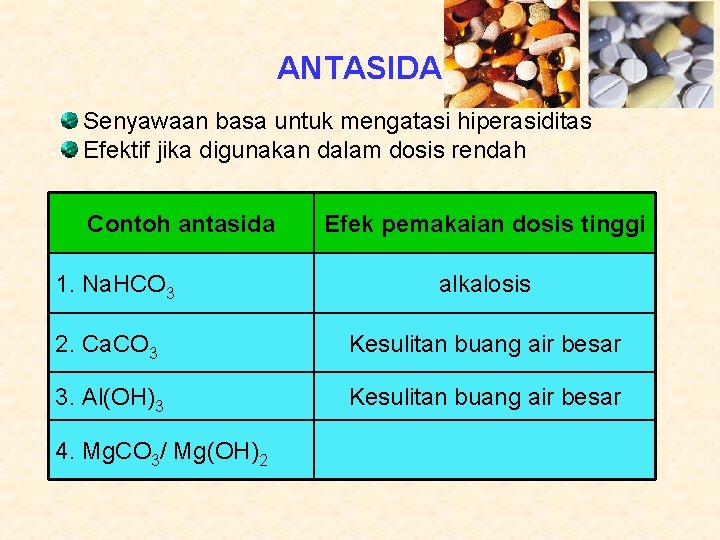 ANTASIDA Senyawaan basa untuk mengatasi hiperasiditas Efektif jika digunakan dalam dosis rendah Contoh antasida