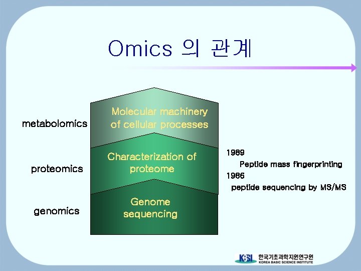 Omics 의 관계 metabolomics Molecular machinery of cellular processes proteomics Characterization of proteome genomics