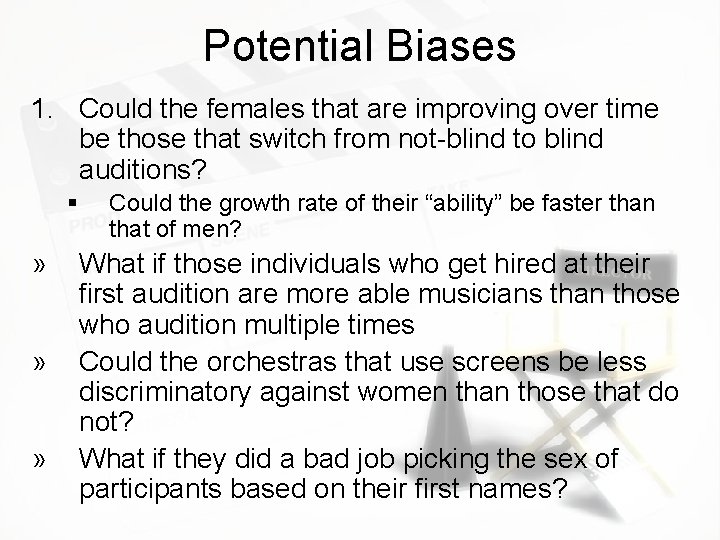 Potential Biases 1. Could the females that are improving over time be those that