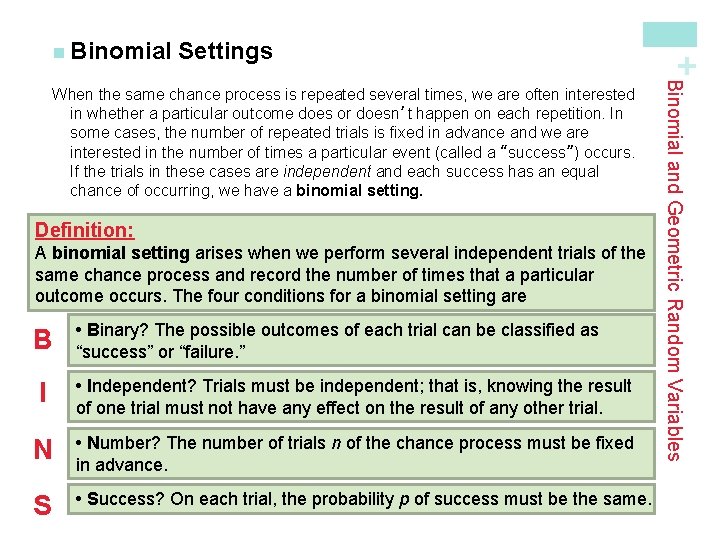 Settings Definition: A binomial setting arises when we perform several independent trials of the