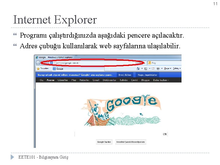 11 Internet Explorer Programı çalıştırdığınızda aşağıdaki pencere açılacaktır. Adres çubuğu kullanılarak web sayfalarına ulaşılabilir.